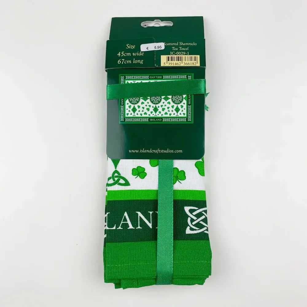 New Islandcraft Irish Tea Towel Scattered Shamrocks Design White Green Cotton
